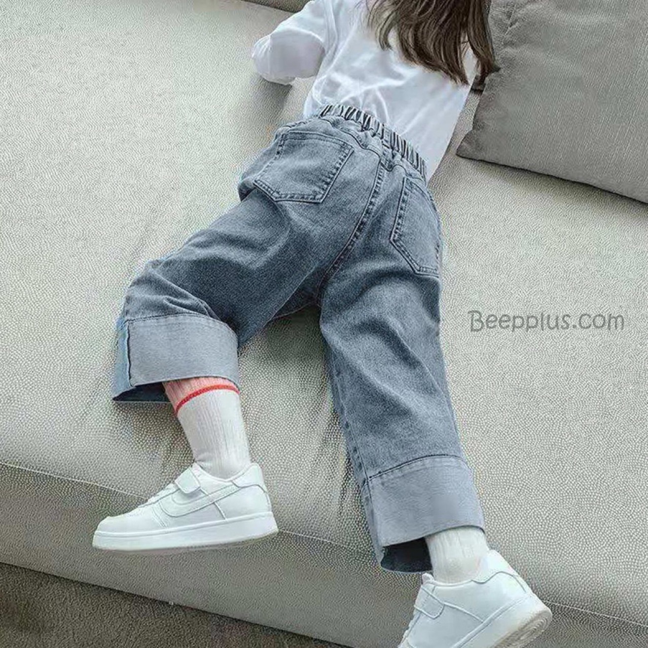 90 130 オシャレ 韓国 シンプル 無地 切り替え 子供 服 女の子 デニムパンツ ズボン